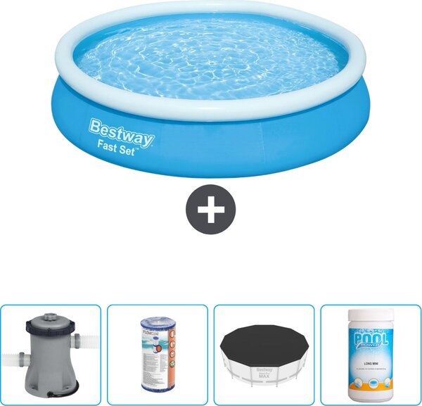 Bestway piscina gonfiabile rotonda ad ambientazione rapida - 366 x 76 cm - blu - inclusa pompa - filtro - copertura - cloro