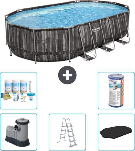 Piscina Bestway Oval Power Steel - 610 x 366 x 122 - Grigio - compresa pompa - scaletta - copertura pacchetto manutenzione - filtro