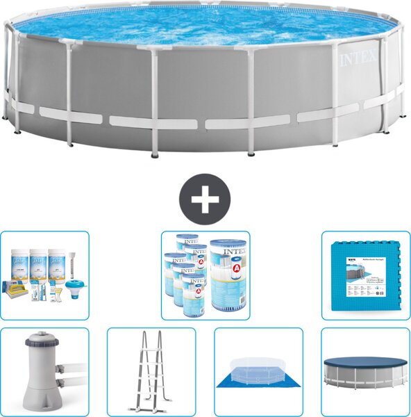 Piscina Intex Round Prism Frame - 457 x 122 cm - Grigio - inclusa pompa - scaletta - telo di fondo - pacchetto di manutenzione della copertura - filtro - piastrelle per il pavimento