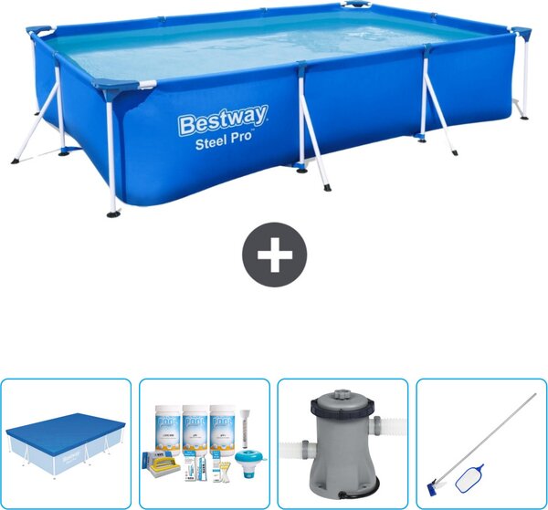 Piscina Bestway Steel Pro rettangolare - 300 x 201 x 66 cm - blu - include copertura - pacchetto manutenzione - pompa - kit di pulizia