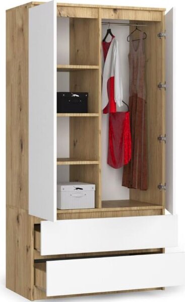 BDW, armadio 2 ante, 2 cassetti, 180x90x51 cm, appendiabiti, rovere Artisan / bianco
