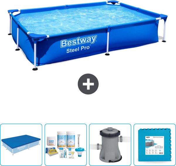 Piscina Bestway Steel Pro rettangolare - 221 x 150 x 43 cm - blu - include copertura - pacchetto manutenzione - pompa - pavimento in piastrelle