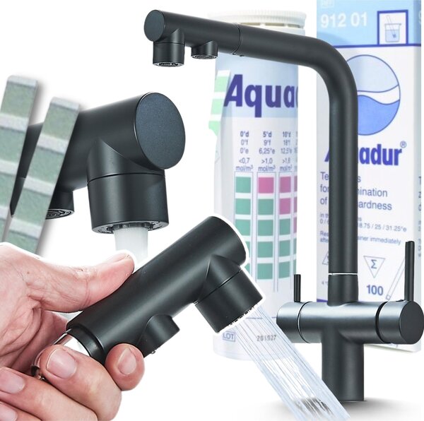 Rubinetto da cucina a 3 vie Ari Venom 2 con doccetta estraibile, collegamento filtro acqua, beccuccio girevole 360 gradi, nero opaco