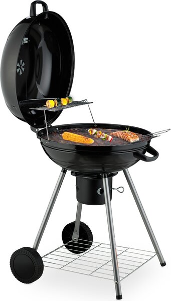 Barbecue a sfera Relaxdays, Ø 53 cm, 2 griglie, termometro, raccoglitore di cenere, barbecue a carbonella con ruote, BBQ, affumicatore, nero