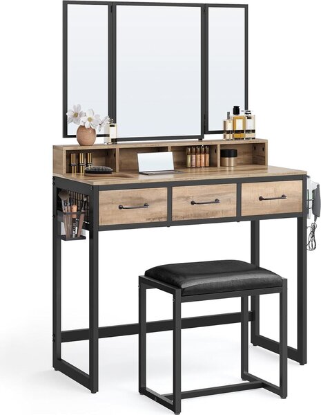 VASAGLE, tavolino da toilette con sgabello imbottito, tavolino da toilette con triplo specchio, 3 cassetti, porta asciugacapelli, tavolino per cosmetici, stile industriale, rovere marrone-