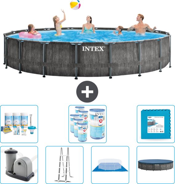 Piscina Intex Round Prism Frame Greywood - 549 x 122 cm - inclusa pompa - scaletta - telo di fondo - pacchetto manutenzione copertura - filtro - piastrelle per il pavimento