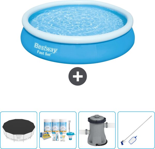 Bestway piscina gonfiabile rotonda ad ambientazione rapida - 366 x 76 cm - blu - include copertura - pacchetto manutenzione - pompa - kit di pulizia