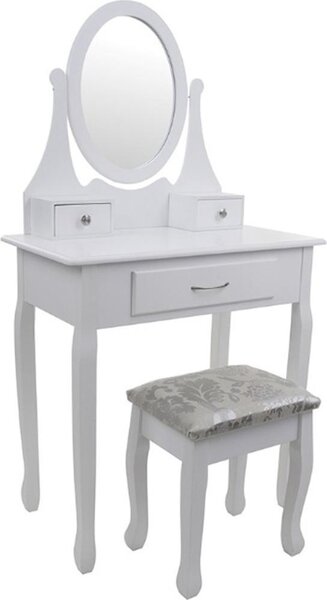 Tavolino da toilette in legno bianco - con specchio e sgabello abbinato - 3 cassetti