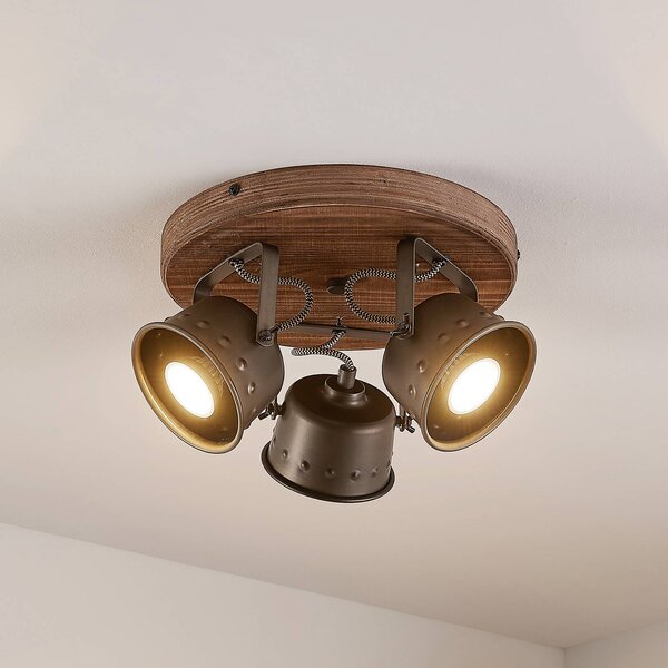 Faretto da soffitto Lindby Rubinjo, Ø 31 cm, a 3 luci, in legno, GU10 Rubinjo Lindby, dimmerabile, Legno scuro, Soggiorno / Sala da pranzo, Metallo, Vintage, Faretto alogeno
