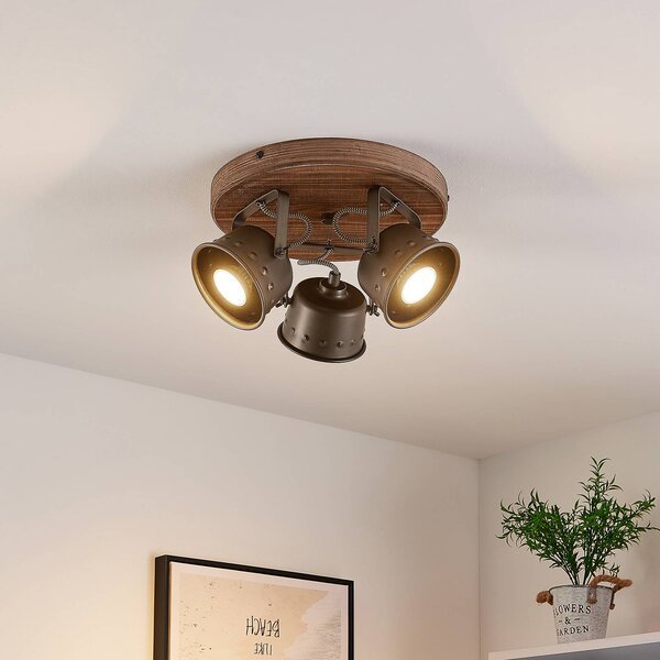 Faretto da soffitto Lindby Rubinjo, Ø 31 cm, a 3 luci, in legno, GU10 Rubinjo Lindby, dimmerabile, Legno scuro, Soggiorno / Sala da pranzo, Metallo, Vintage, Faretto alogeno