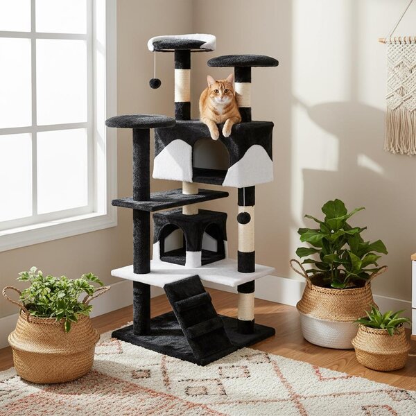 Tiragraffi belviona, albero per gatti alto 130 cm con grotte, scale e palline da gioco, robusto ed elegante, nero/bianco