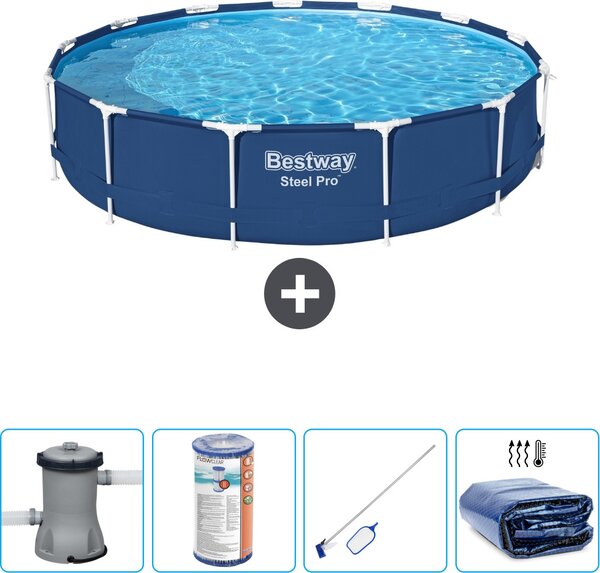 Piscina Bestway Round Steel Pro - 396 x 84 cm - blu - inclusa pompa - filtro - kit di pulizia - tenda parasole