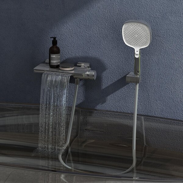 Doporro Rubinetto Vasca da Parete con Doccetta 3 Funzioni, Miscelatore Vasca da Bagno a Cascata in Ottone Massiccio, Controllo Termico, DSN-403 Silber