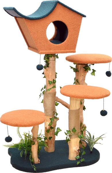 Tiragraffi Fudajo con decorazione vegetale 135 cm, tiragraffi per gatti con pelliccia di orsetto e legno di pero, casetta per gatti con palline da gioco, mobili per gatti con piattaforme