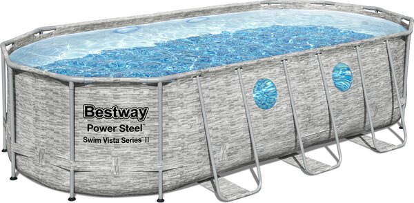 Bestway® Power Steel™ Swim Vista Series™ Set completo di piscina a telaio con pompa filtro 549 x 274 x 122 cm, aspetto muro di pietra (grigio crema), ovale