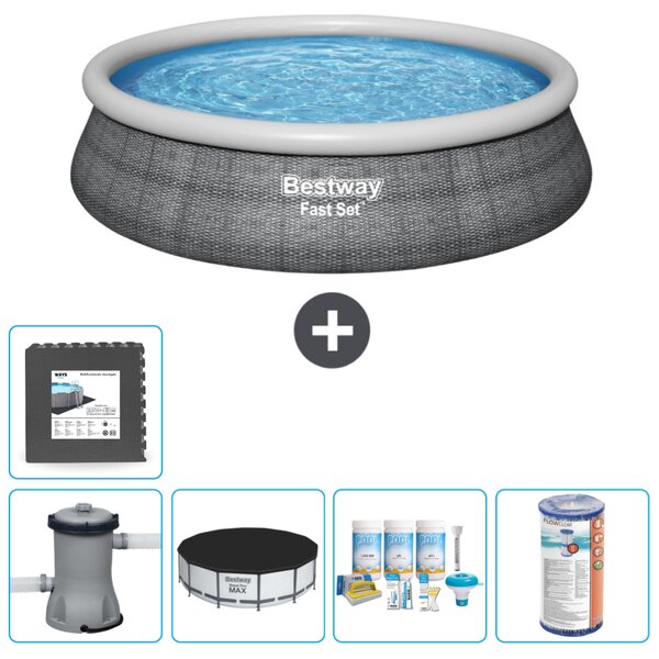 Bestway piscina gonfiabile rotonda ad ambientazione rapida - stampa rattan - 457 x 84 cm - inclusa copertura della pompa - pacchetto manutenzione - filtro - piastrelle per il pavimento
