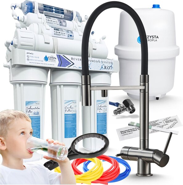 Rubinetto da cucina a 3 vie Ari HighFlex con doccetta estraibile e beccuccio girevole, predisposto per filtro acqua, grafite