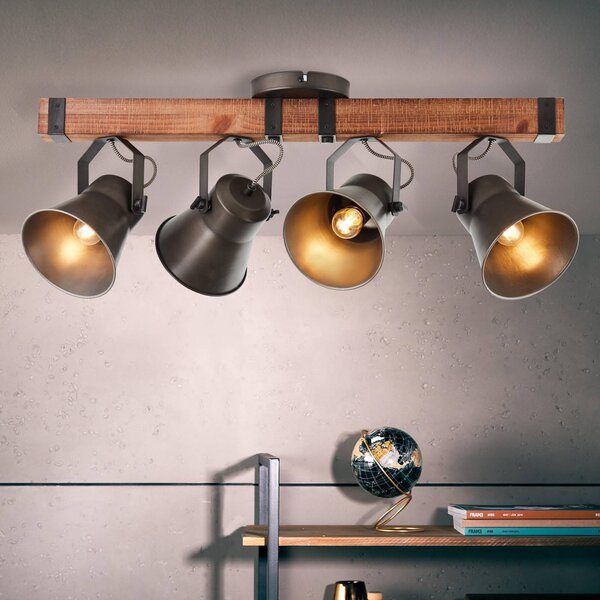 Brilliant Faretto da soffitto Decca, lunghezza 78 cm, nero/legno, a 4 luci. dimmerabile, Legno scuro, Soggiorno / Sala da pranzo, Legno, Vintage, Faretto