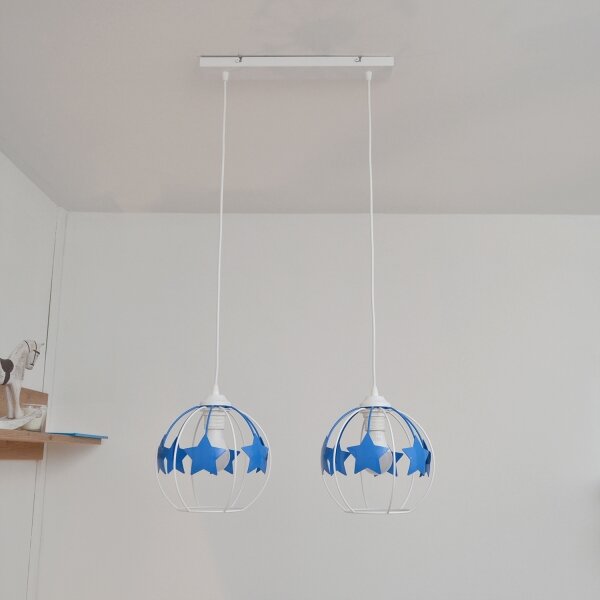 Lampadario a sospensione per bambini STARS 2xE27/15W/230V blu/bianco