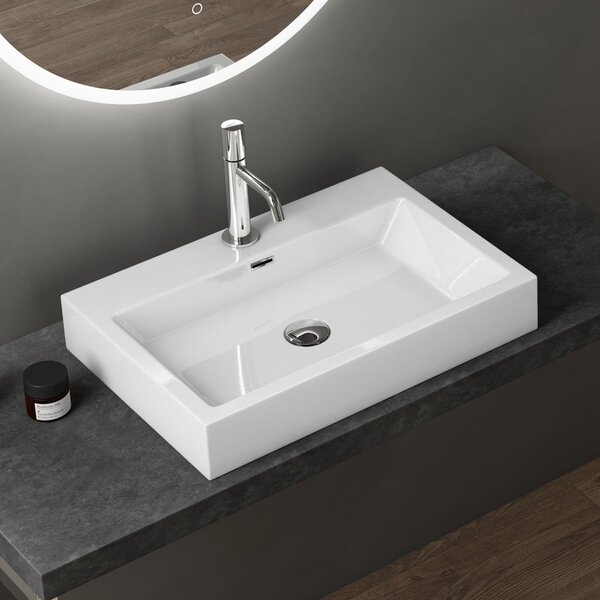 Doporro Lavabo da Appoggio Rettangolare, Lavabo Bagno Sospeso con Foro Rubinetto e Troppopieno, Lavandino in Marmo Resina Bianco Lucido 60x42x10cm, Colossum06