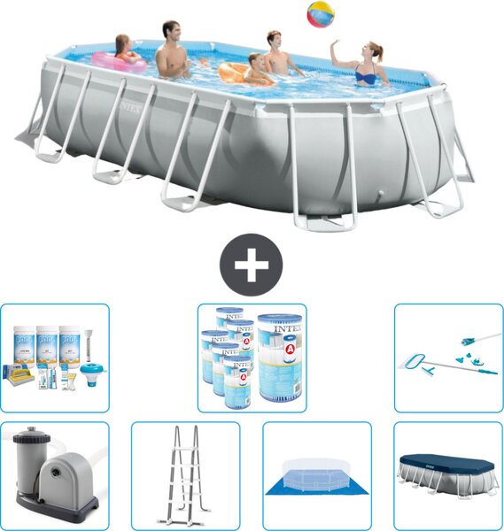 Piscina Intex Oval Prism Frame - 503 x 274 x 122 cm - Grigio - compresa pompa - scaletta - telo di fondo - pacchetto manutenzione copertura - filtro - kit pulizia