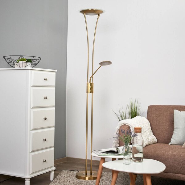 Lampada da terra con luce lettura Eda Lindby, dimmerabile, Ottone / Oro, Soggiorno / Sala da pranzo, Metallo, Moderno, Lampada LED da terra