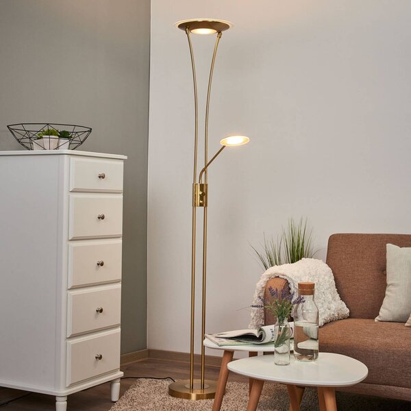 Lampada da terra con luce lettura Eda Lindby, dimmerabile, Ottone / Oro, Soggiorno / Sala da pranzo, Metallo, Moderno, Lampada LED da terra