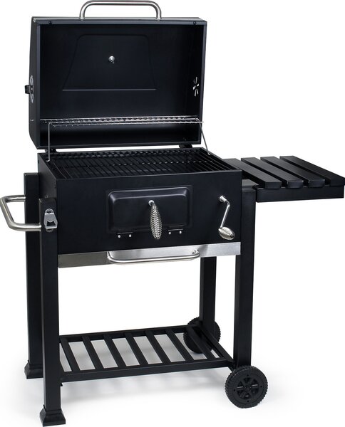 Carrello per barbecue a carbonella con coperchio, ripiano e serranda tagliafuoco, regolazione in altezza per la carbonella, termometro
