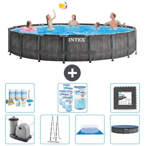 Piscina Intex Round Prism Frame Greywood - 549 x 122 cm - inclusa pompa - scaletta - telo di fondo - pacchetto manutenzione copertura - filtro - piastrelle per il pavimento