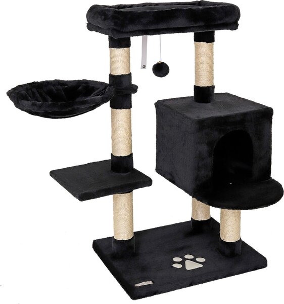 Tiragraffi lionto 93 cm con grotta, abbeveratoio, palla da gioco e paletti in sisal, albero per gatti compatto, nero