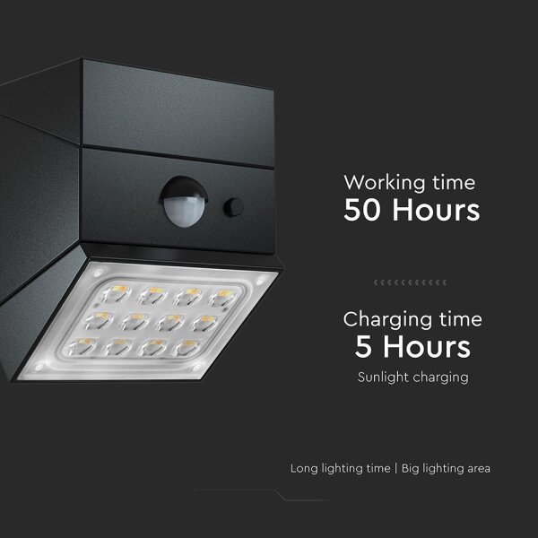Lampada solare da parete a LED con sensore, 2,5 W / 3,7 V, IP65, 1200 mAh, nera