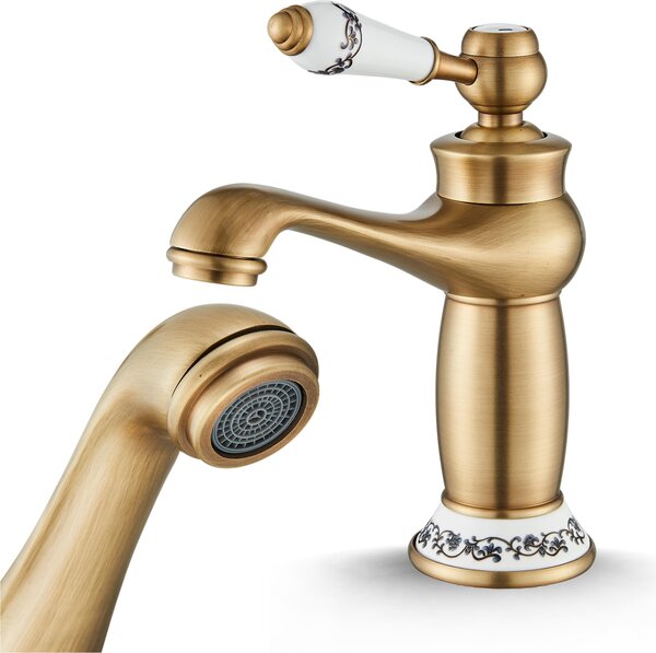 Rubinetto lavabo Ari OldCeramic in ottone antico, design retrò, cartuccia in Vetroceramica, aeratore integrato, monocomando