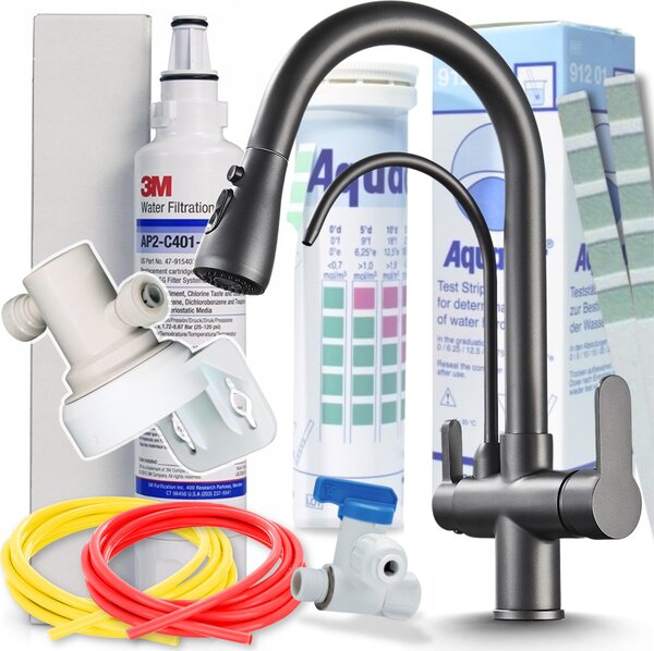 Rubinetto da cucina a 3 vie Ari Nordic con doccetta estraibile, collegamento filtro acqua, beccuccio girevole 360 gradi, grafite