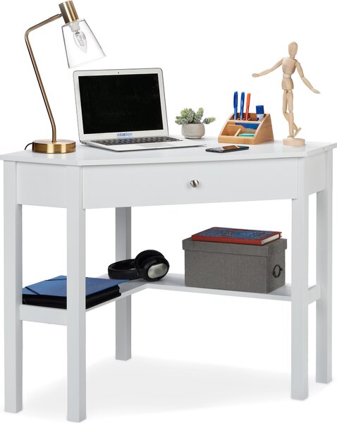 Scrivania angolare Relaxdays, ripiano e cassetto, salvaspazio, ufficio, studio, stile country, L x P x A: 76x107x72 cm, bianco