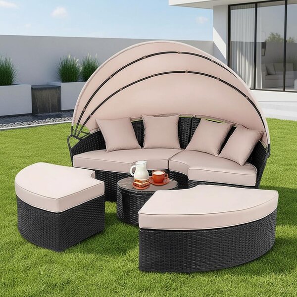 Mucola lettino sedia da spiaggia isola solare 180CM tavolo polyrattan giardino conchiglia set mobili da giardino seduta set lettino cuscini beige - nero