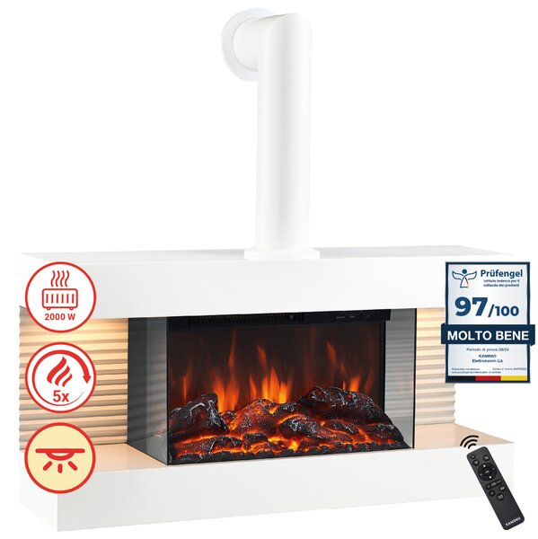 KAMINIO Camino elettrico LIZ con tubo del camino- Caminetto da parete con riscaldamento, effetto fiamma 3D, luce ambiente a LED, telecomando - Bianco