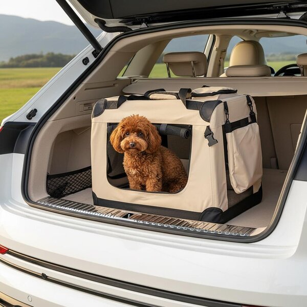 Trasportino per animali domestici belviona pieghevole, comodo e sicuro, Oxford + rete, riponibile in poco spazio, fino a 12 kg, 60x42x44 cm, beige