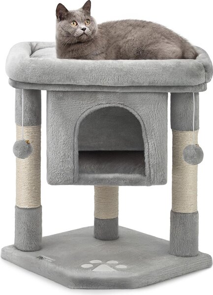 Tiragraffi lionto per gatti 60 cm, con grotta di coccole, palline di peluche e robusti paletti in sisal, salvaspazio e moderno, grigio chiaro