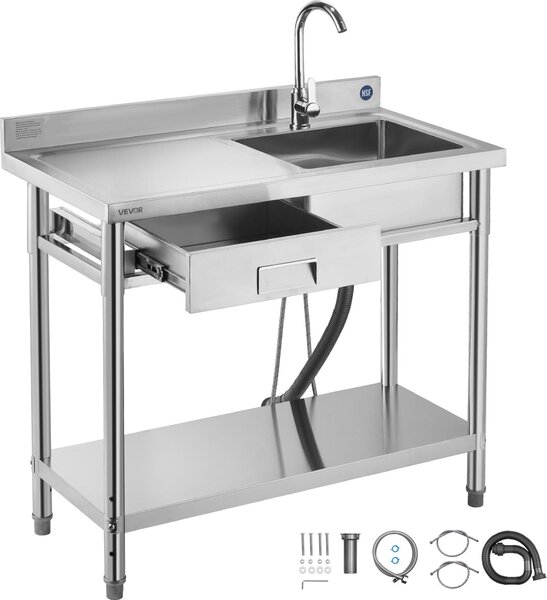 Lavello VEVOR in acciaio inox (100 x 50 x 94 cm), monovasca con rubinetto e cassetto, lavello da cucina per garage ristorante lavanderia, lavello da esterno con piano di lavoro (a sinistra)