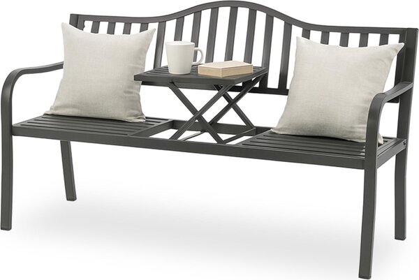 Panchina da giardino Relaxdays con tavolino ribaltabile, 3 posti, acciaio, panchina da giardino, A x L x P: 90 x 150 x 57,5 cm, antracite
