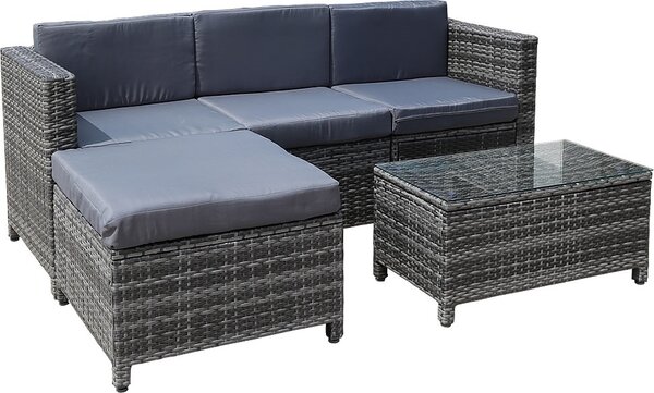 Set da giardino in polyrattan 5 pezzi grigio con pouf e tavolino