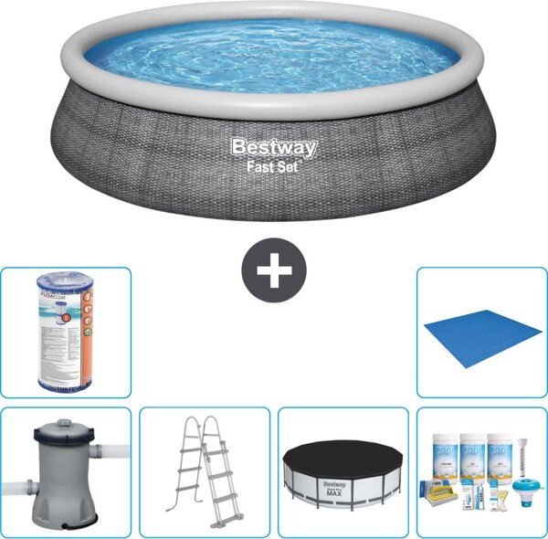 Piscina gonfiabile rotonda Bestway Fast-Set - stampa rattan - 457 x 107 cm - inclusa pompa - copertura della scala - pacchetto manutenzione - filtro - telo di fondo