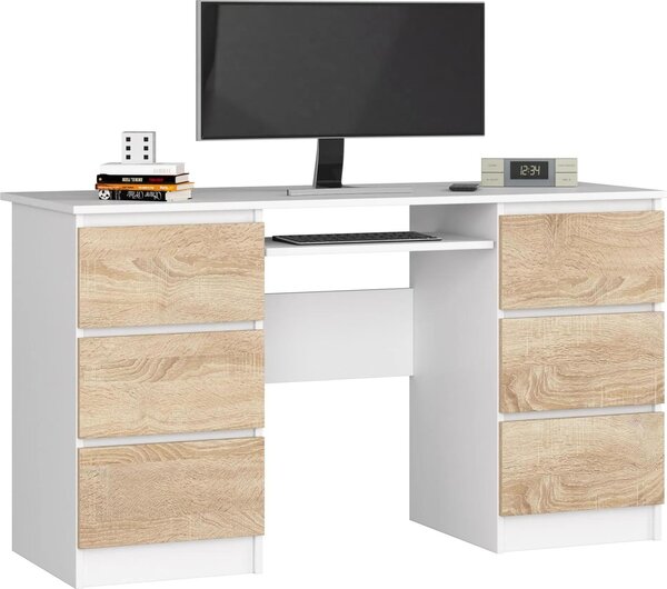 Scrivania A-11 135 cm Bianco Sonoma - Scrivania elegante e funzionale con 6 cassetti