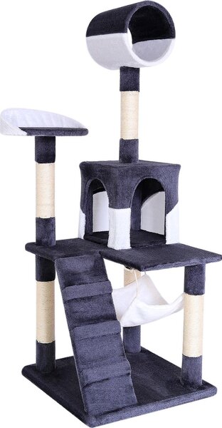 Tiragraffi lionto, elegante albero per gatti da 133 cm con copertura in peluche, robusti pali in sisal e versatili aree di riposo, grigio/bianco