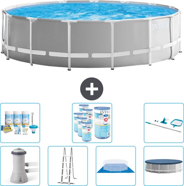 Piscina Intex Round Prism Frame - 457 x 122 cm - Grigio - inclusa pompa - scaletta - telo di fondo - pacchetto di manutenzione della copertura - filtro - kit di pulizia