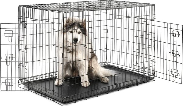 Gabbia da trasporto per animali lionto, gabbia pieghevole in metallo con parete divisoria, base in plastica e chiusura di sicurezza, 122x75x81 cm