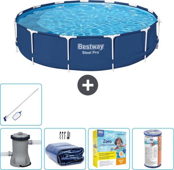 Piscina Bestway Round Steel Pro - 396 x 84 cm - blu - pompa inclusa - tenda - pacchetto manutenzione - filtro - kit pulizia