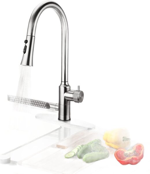 Miscelatore da cucina 4in1 con bocca estraibile 360° in acciaio inox argento