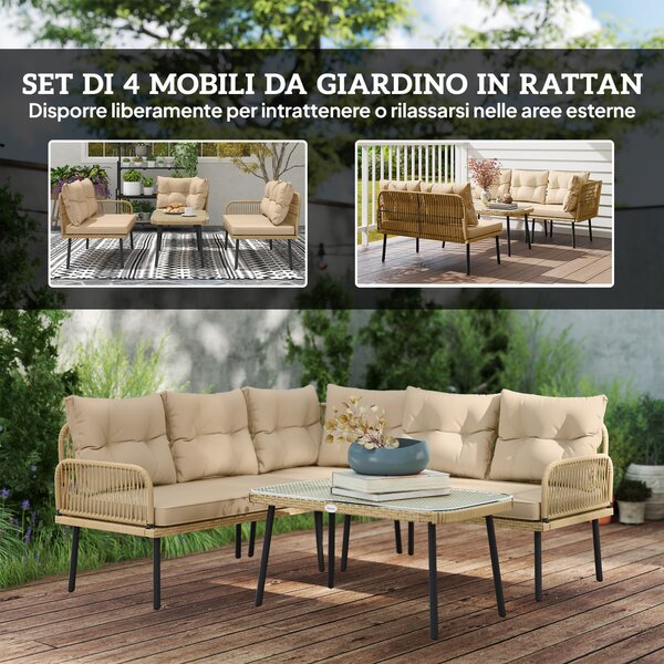 Outsunny Salotto da Giardino in Rattan 2 Divanetti e Poltrona Angolare con Cuscini, Tavolino in Vetro, Colore Legno