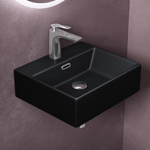 Doporro Lavabo da Appoggio Rettangolare Lavandino Bagno Sospeso in Ceramica Nero Opaco 41 cm con Foro Rubinetto e Troppopieno Brüssel206